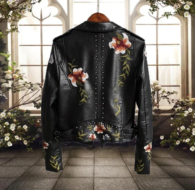 Chic Floral Faux Leather Jacket for Women