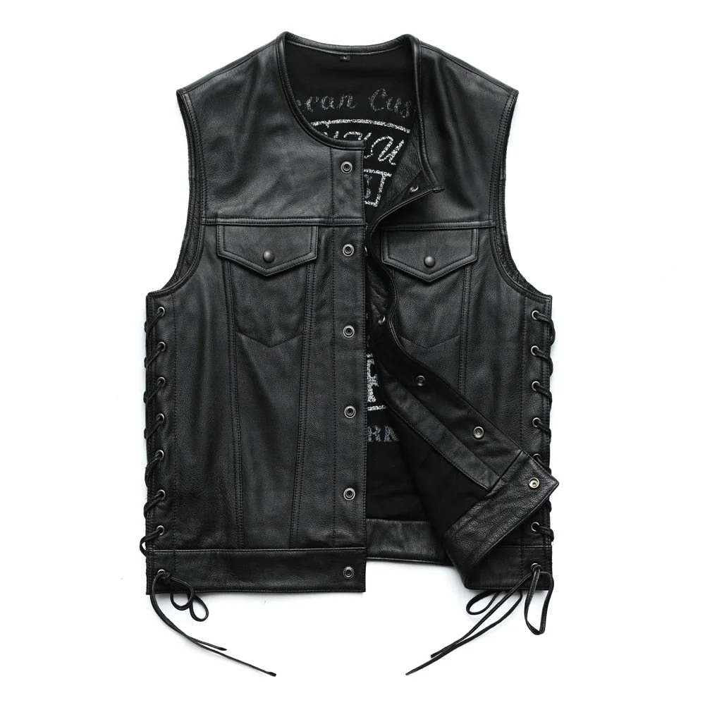 Stylish Black Genuine Leather Mens Vest