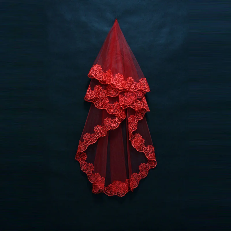 Sheer Red Floral Edge Veil - Two Length Options