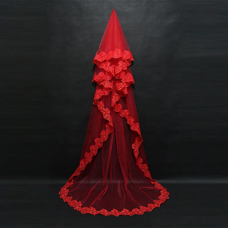 Sheer Red Floral Edge Veil - Two Length Options