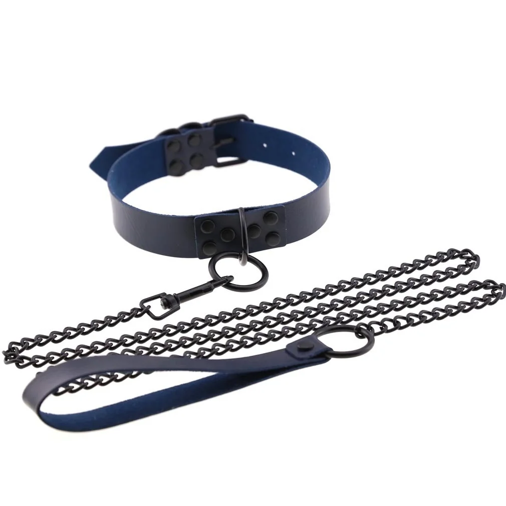 Chic Bumper Choker & Leash Set in Black Faux Leather