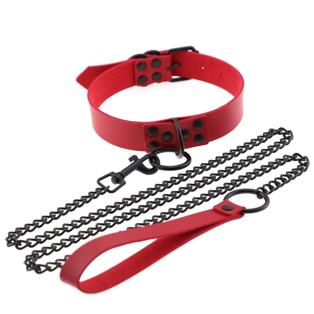 Chic Bumper Choker & Leash Set in Black Faux Leather