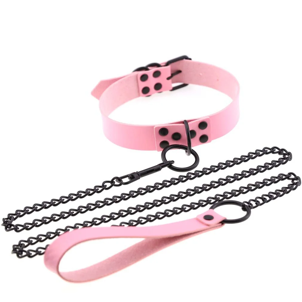 Chic Bumper Choker & Leash Set in Black Faux Leather