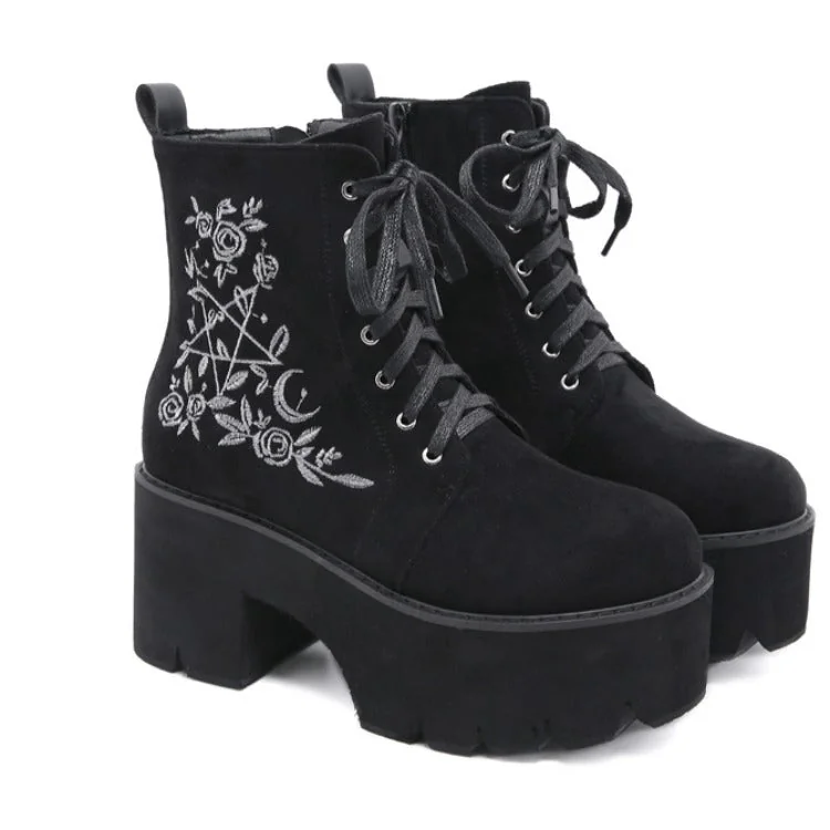 Witchy Floral Ankle Boots P.U. Leather & Faux Suede