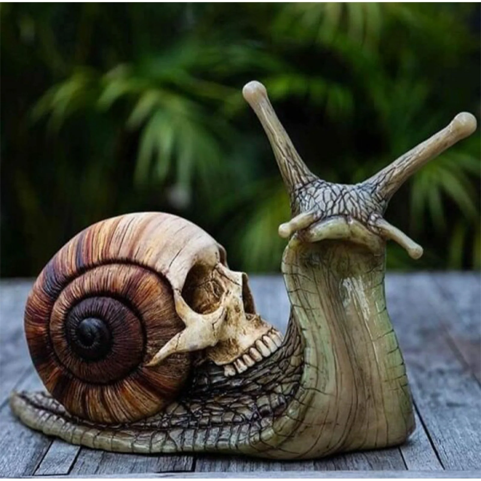 Handmade Snail Skull Figure Home Garden Decor Brown Green Resin Figurine