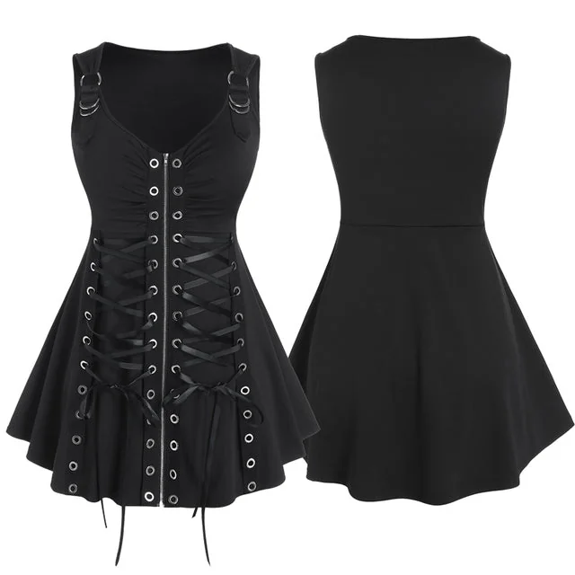 Gothic Buckle Black Dress Premium Cotton Polyester Blend