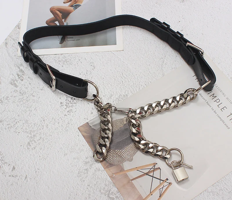 Metal Chain and Leather Padlock Belt