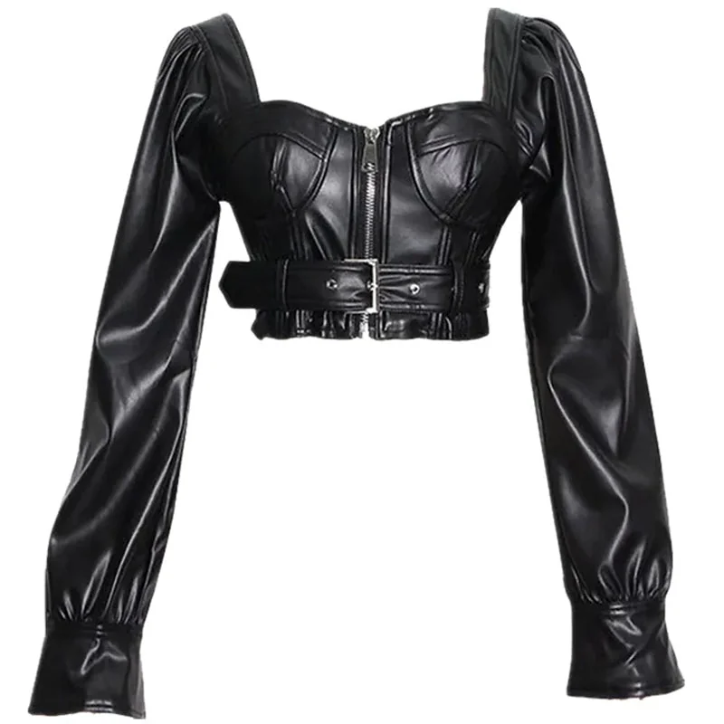 Faux Leather Crop Top Black Sleeveless Womens Fashion