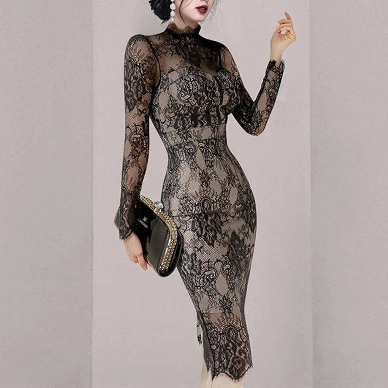 Elegant Black Cotton Polyester Womens Dress