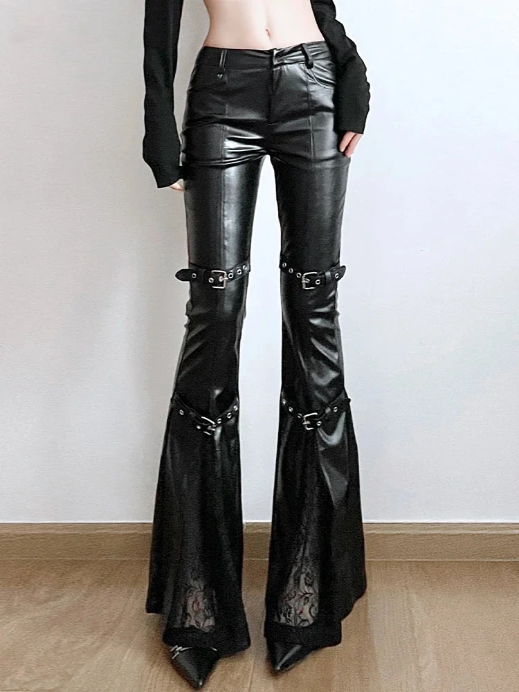 Chic Black Faux Leather Flare Pants