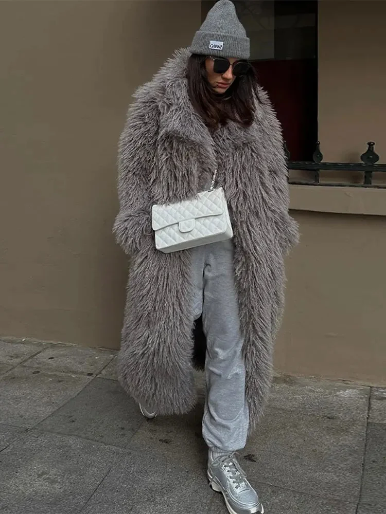 Gray Faux Fur Womens Overcoat Elegant Style