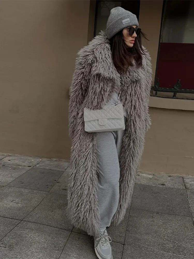 Gray Faux Fur Womens Overcoat Elegant Style