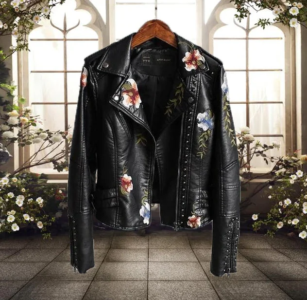 Chic Floral Faux Leather Jacket in Brown | Limited Edition