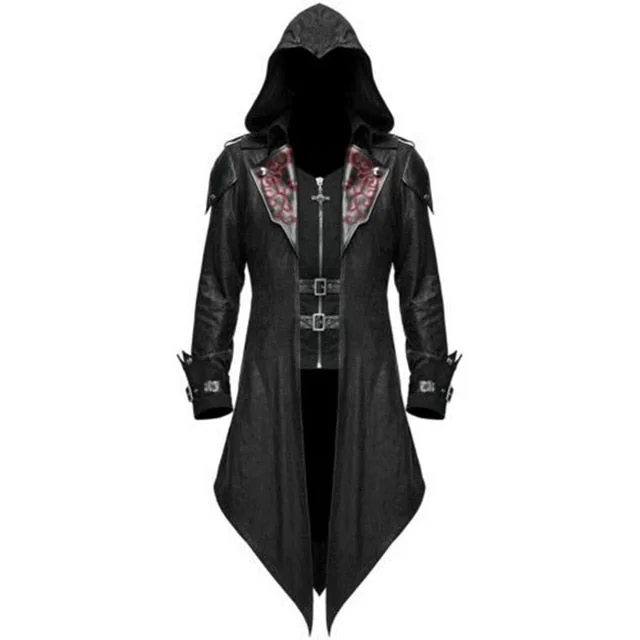 Gothic Style Mens Faux Leather & Polyester Blend Coat