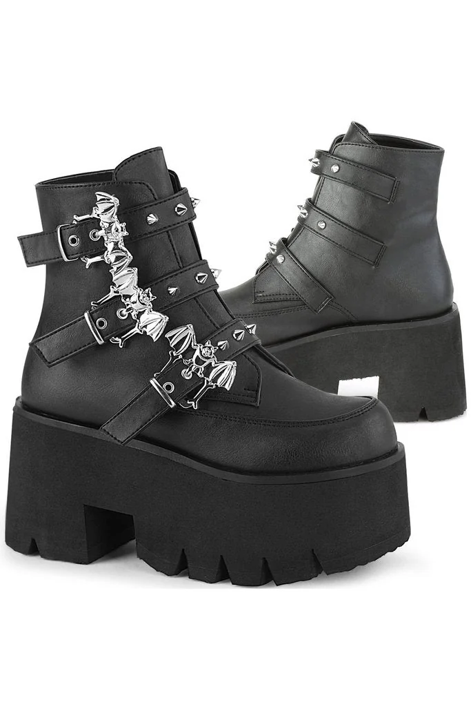 Black Bat Buckle Platform Ankle Boots