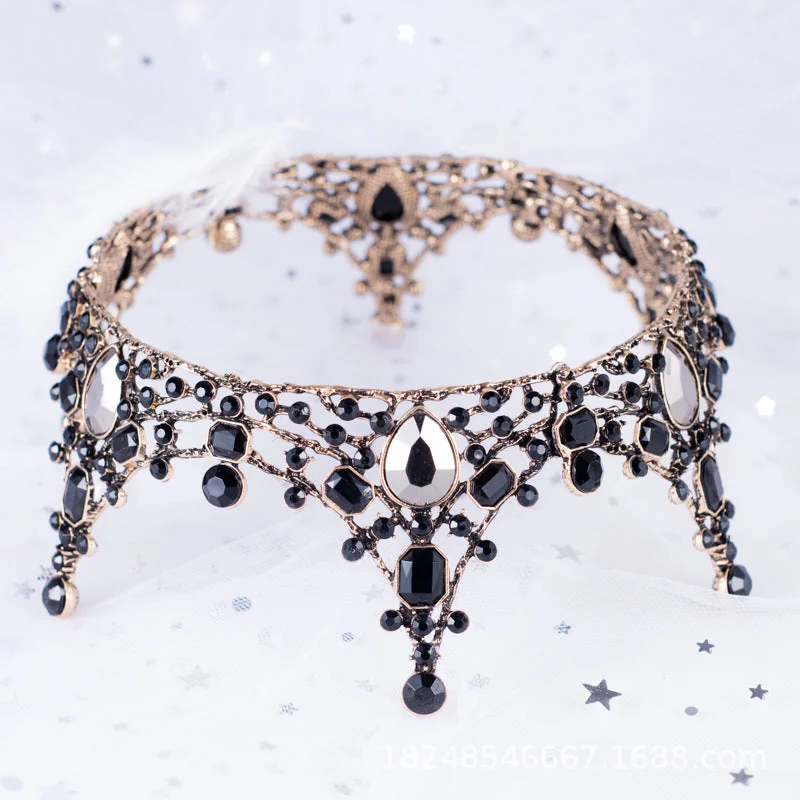 Ornate Black and Gold Jewel-Encrusted Crown with Pearlized Details