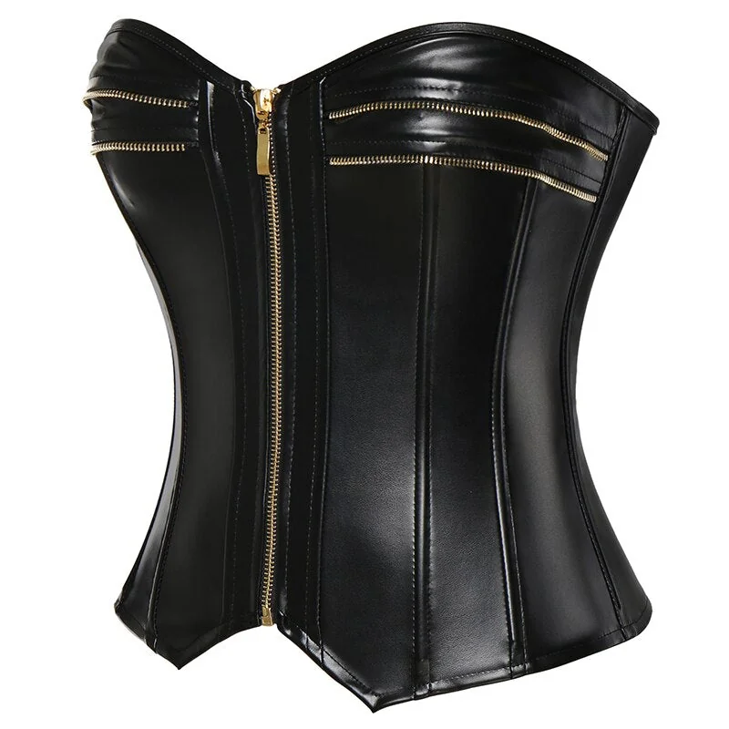 Gothic Leather Zip Bustier Top - Sexy Front Zip Detail