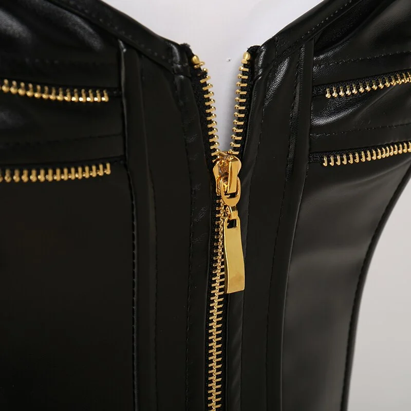Gothic Leather Zip Bustier Top - Sexy Front Zip Detail