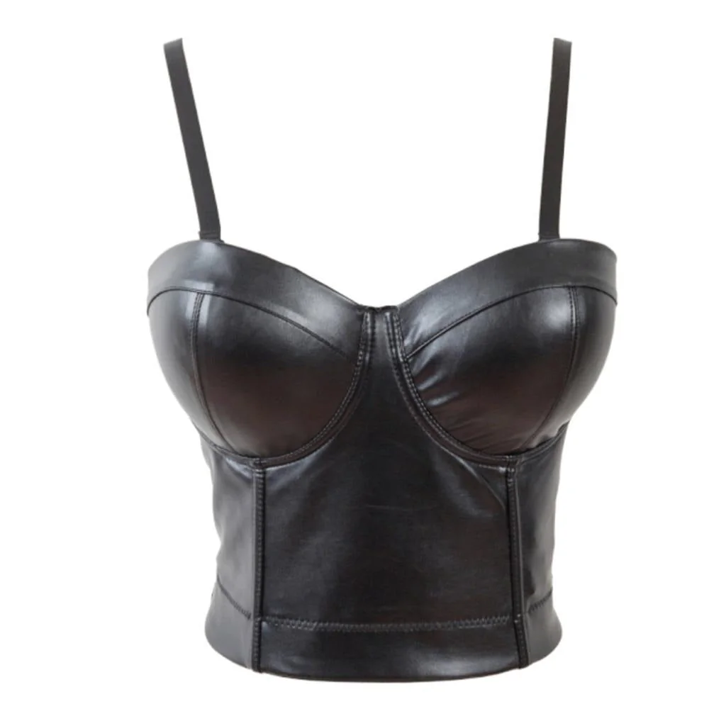 Black Vegan Leather Bustier Top with Adjustable Straps