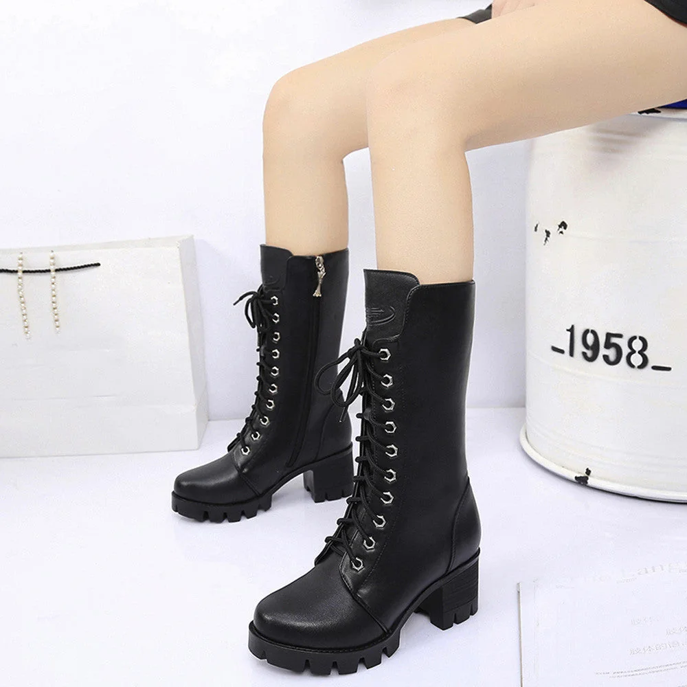 Chunky Sole Mid-Calf Womens Boots Black Vegan Leather Lace-Up Zip Closure