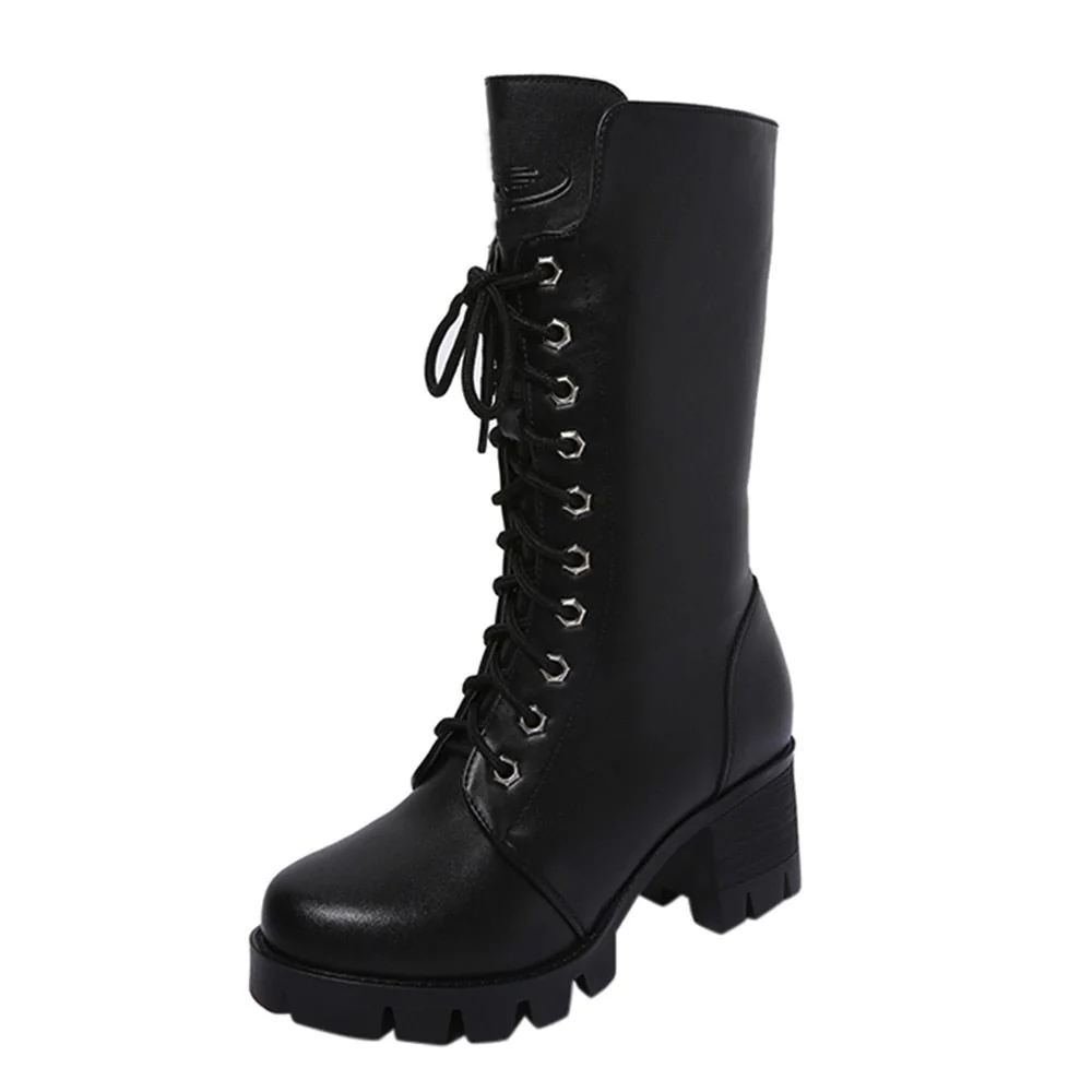 Chunky Sole Mid-Calf Womens Boots Black Vegan Leather Lace-Up Zip Closure