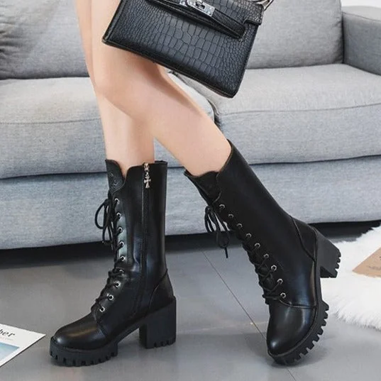 Chunky Sole Mid-Calf Womens Boots Black Vegan Leather Lace-Up Zip Closure