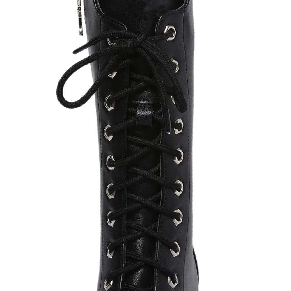 Chunky Sole Mid-Calf Womens Boots Black Vegan Leather Lace-Up Zip Closure