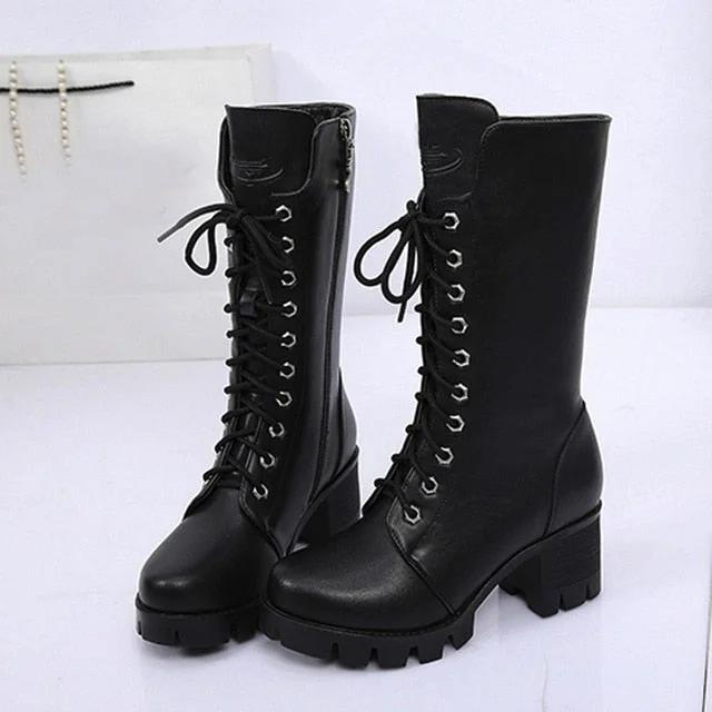 Chunky Sole Mid-Calf Womens Boots Black Vegan Leather Lace-Up Zip Closure
