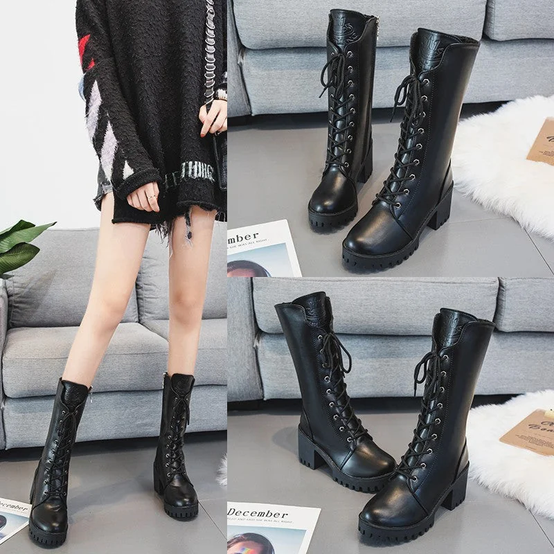 Chunky Sole Mid-Calf Womens Boots Black Vegan Leather Lace-Up Zip Closure