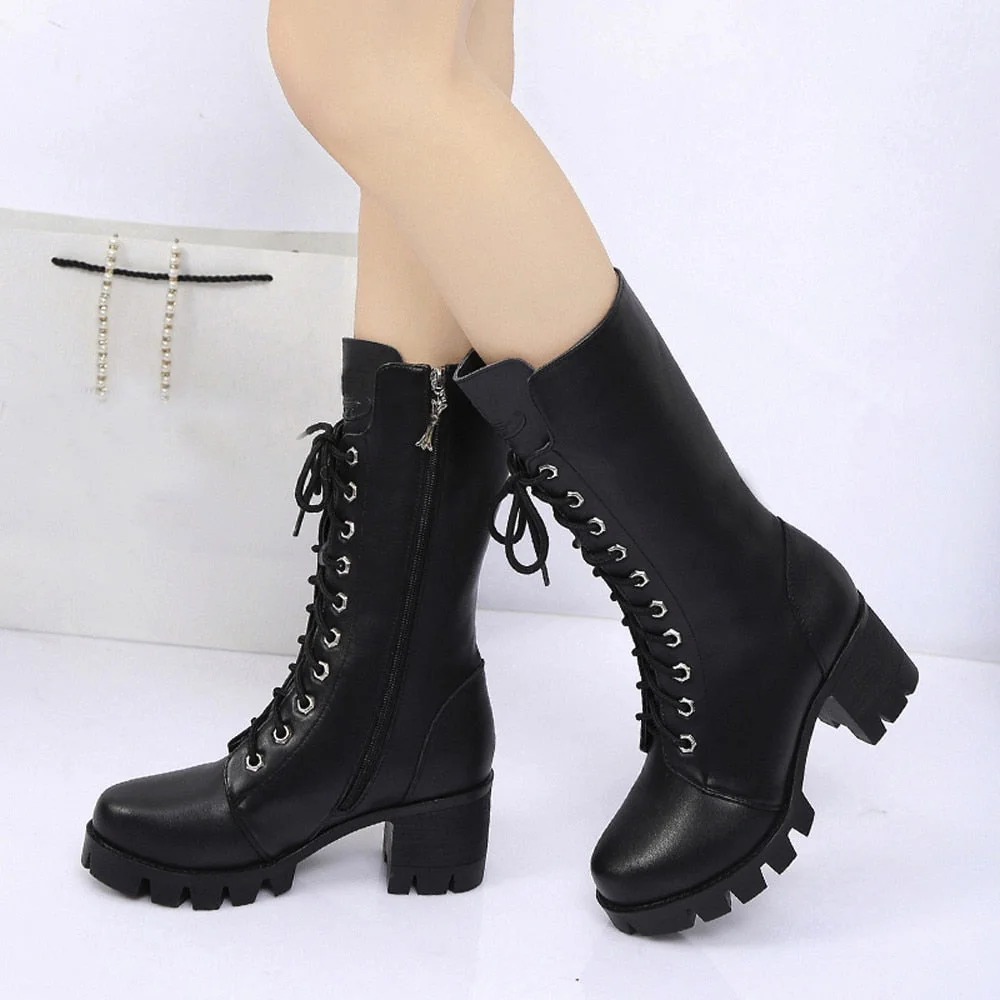 Chunky Sole Mid-Calf Womens Boots Black Vegan Leather Lace-Up Zip Closure
