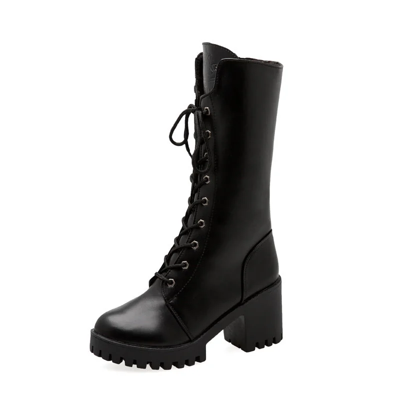 Chunky Sole Mid-Calf Womens Boots Black Vegan Leather Lace-Up Zip Closure