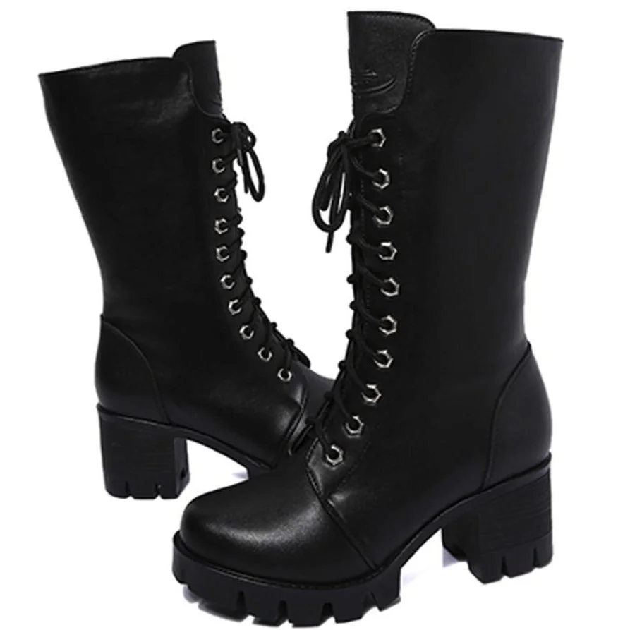 Chunky Sole Mid-Calf Womens Boots Black Vegan Leather Lace-Up Zip Closure
