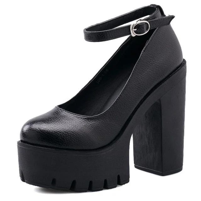 Ankle Strap Platform Heels, Vegan Leather, Chunky Sole