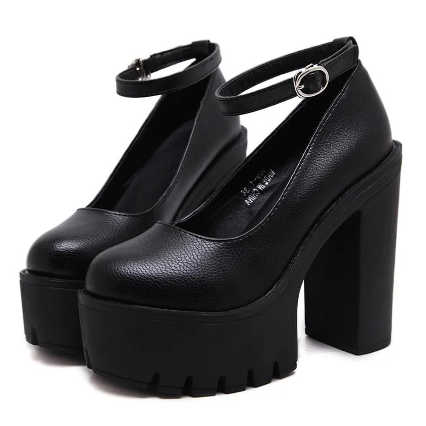 Ankle Strap Platform Heels, Vegan Leather, Chunky Sole
