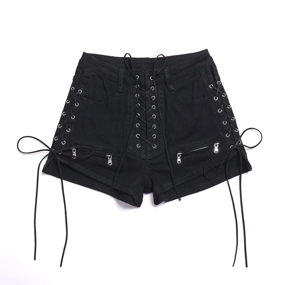 Gothic Black Shorts with Dark Motifs