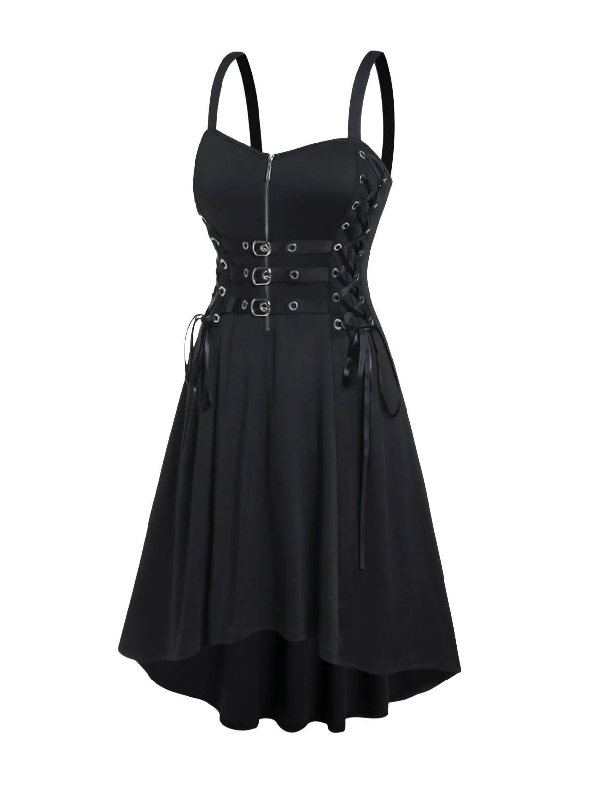 Elegant Gothic Belted Dress in Black | Premium Cotton & Polyester