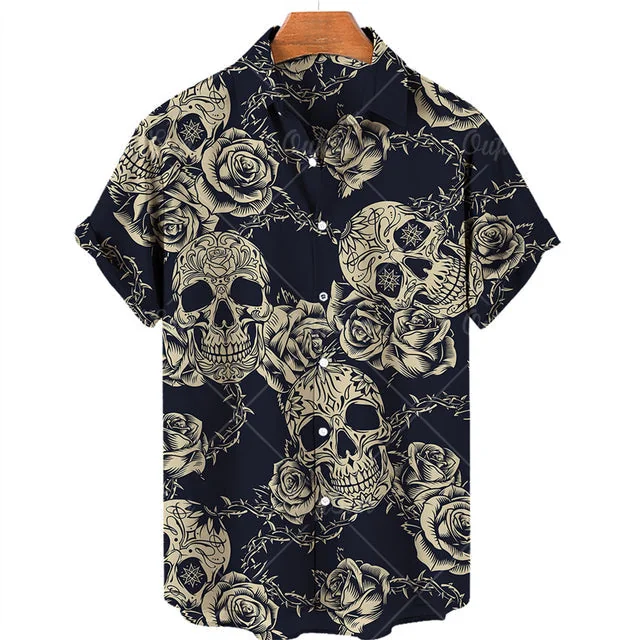 Hawaiian Skull Print Cotton Spandex Shirt