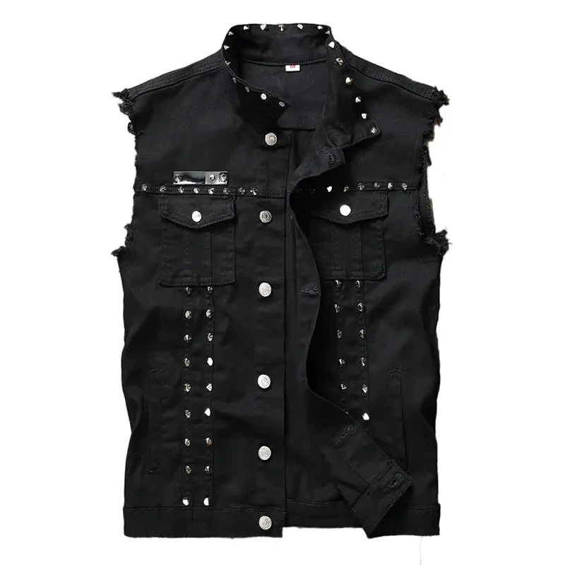 Black Denim Punk Vest Mens High-Quality Cotton Blend