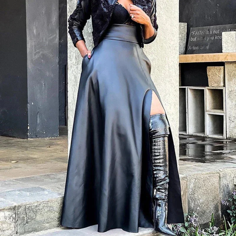 Black Faux Leather Vintage Skirt for Women