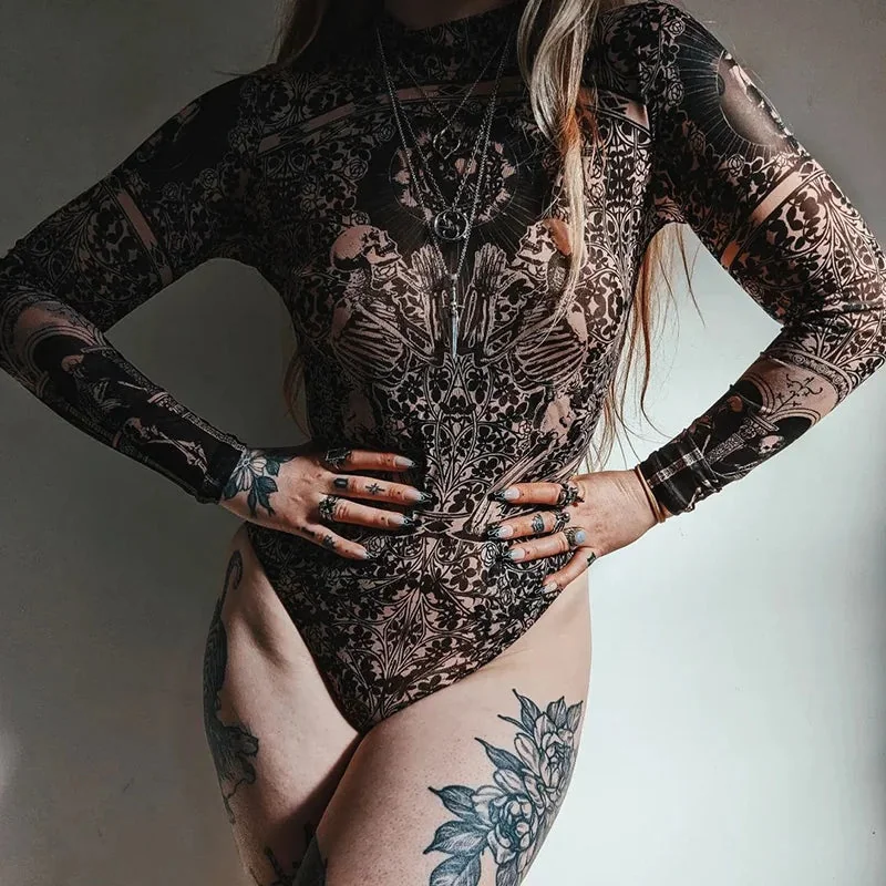Elegant Gothic Style Womens Bodysuit in Black