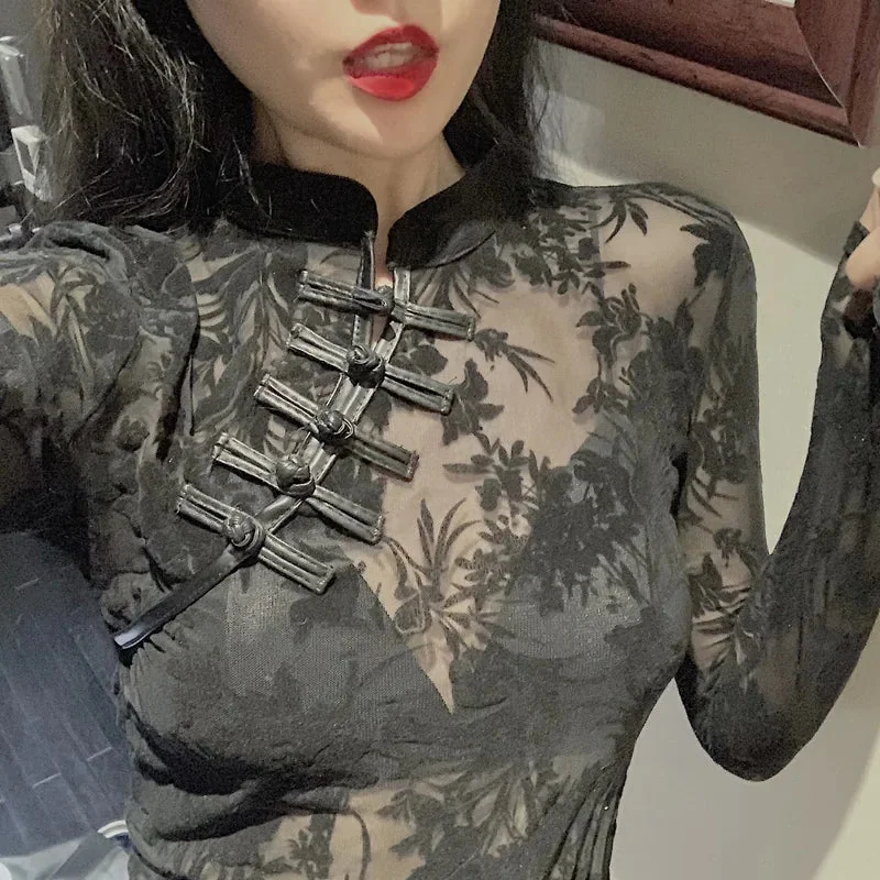 Elegant Gothic Cotton-Polyester Blend Blouse