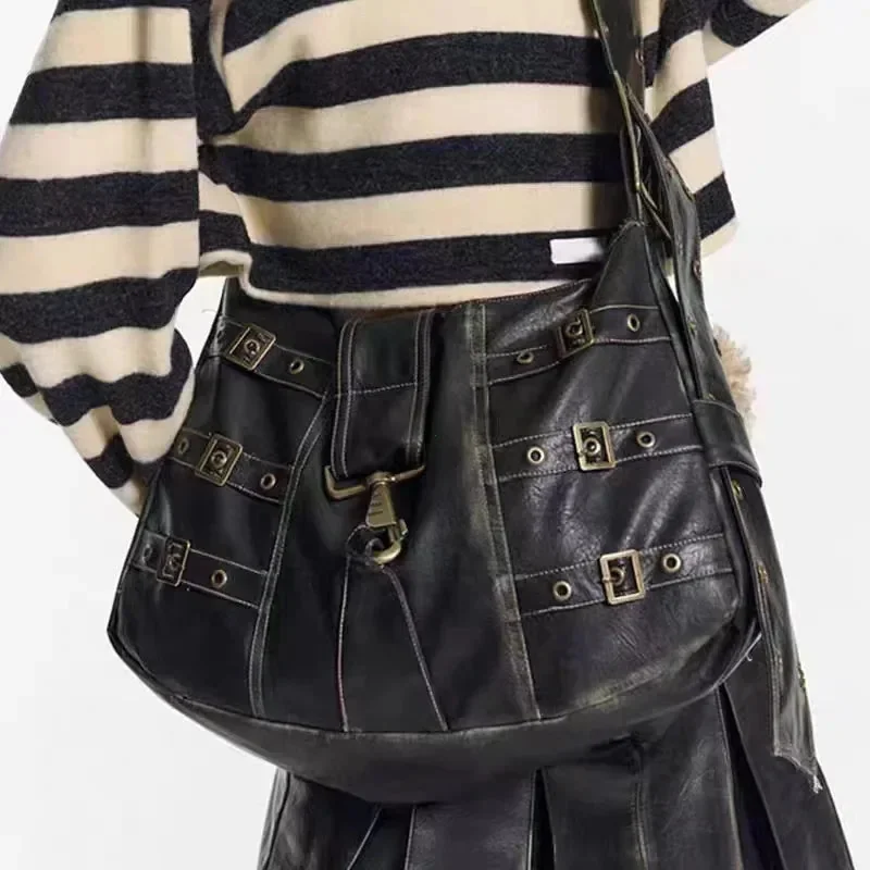 Chic Black Vintage Crossbody Bag 40cm - Premium Faux Leather & Polyester