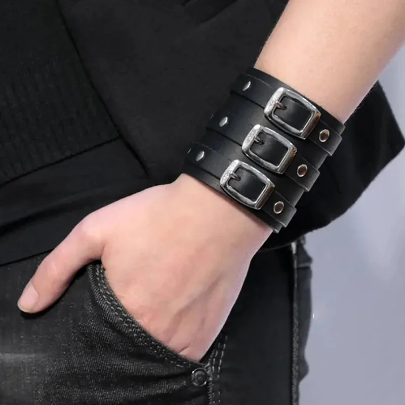 Adjustable Black Faux Leather Mens Wristband