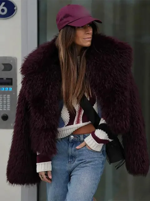 Burgundy Faux Fur Coat for Women