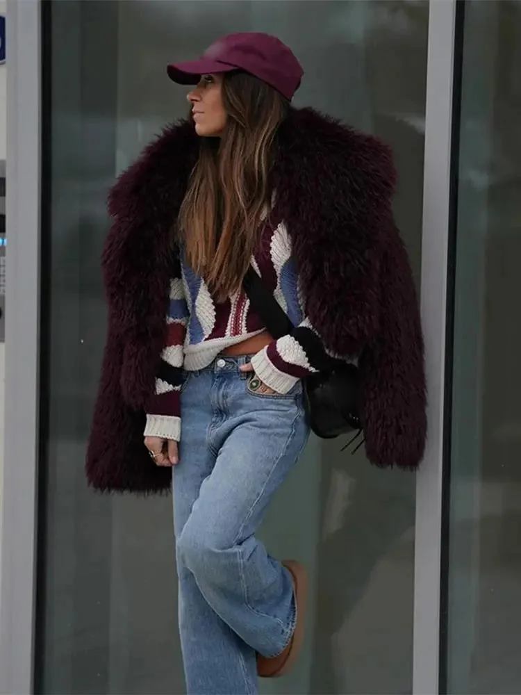 Burgundy Faux Fur Coat for Women