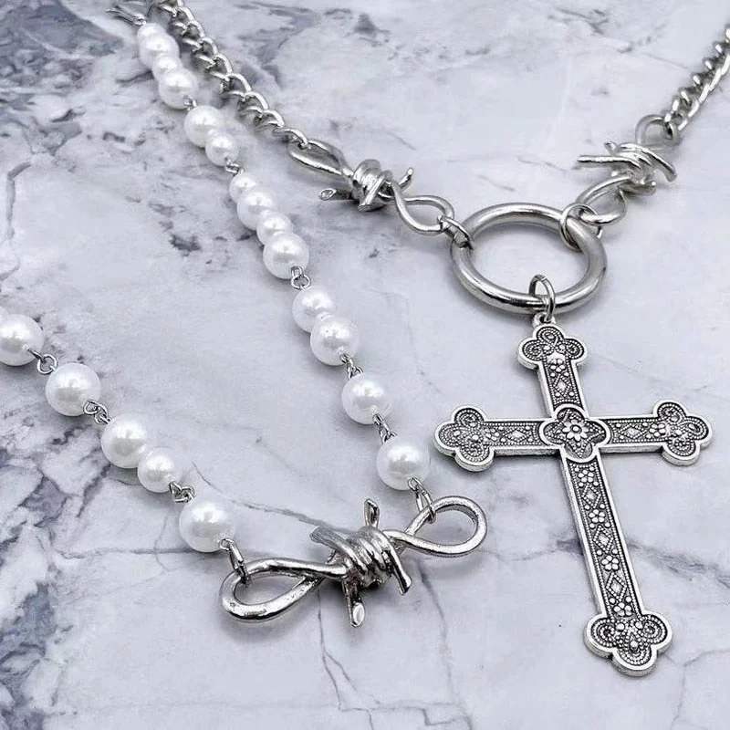 Pearl-Cross Alloy Necklace Set - Elegant Jewelry Set
