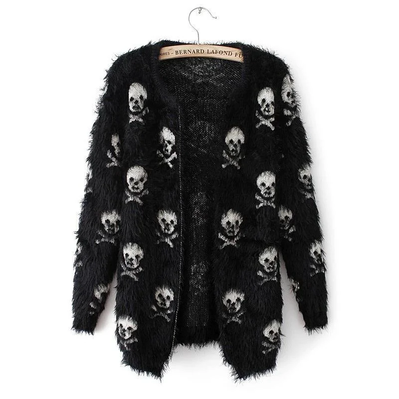 Skull Print Open Front Cardigan Black