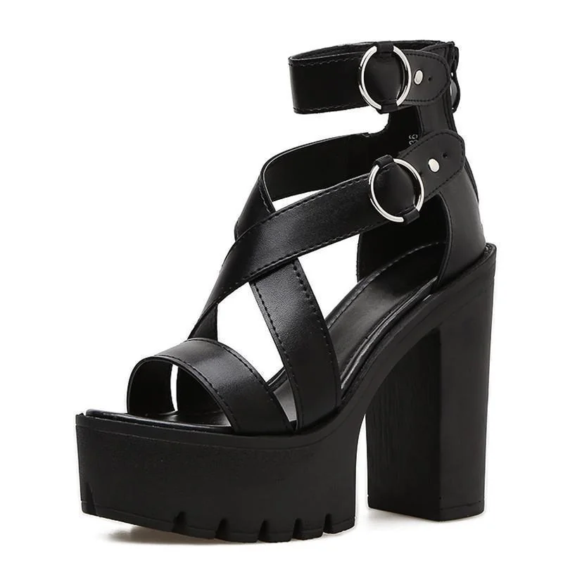 Black Gothic Platform Sandals Womens Premium PU Leather