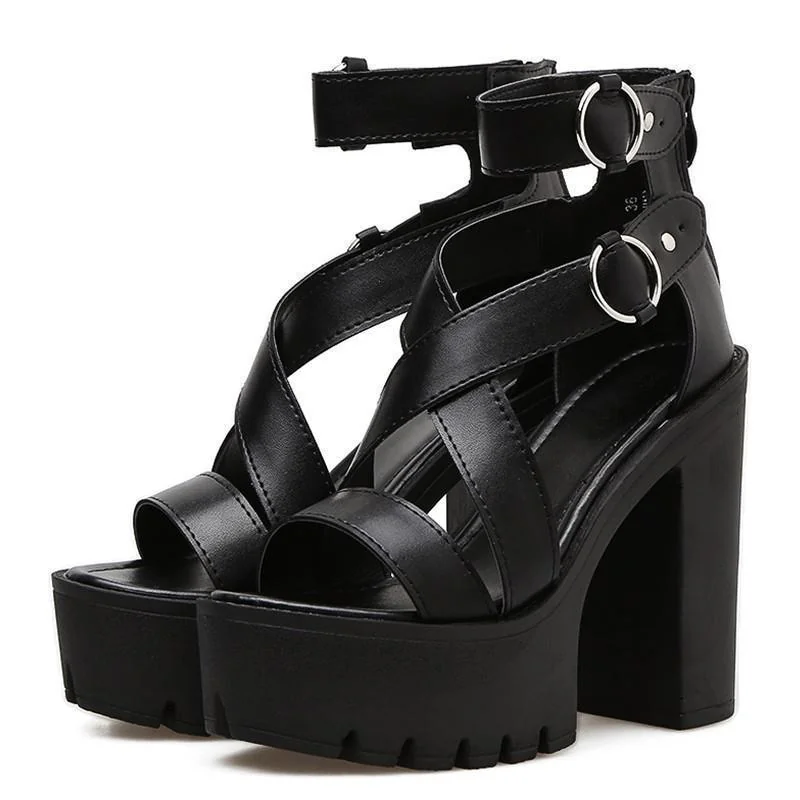 Black Gothic Platform Sandals Womens Premium PU Leather