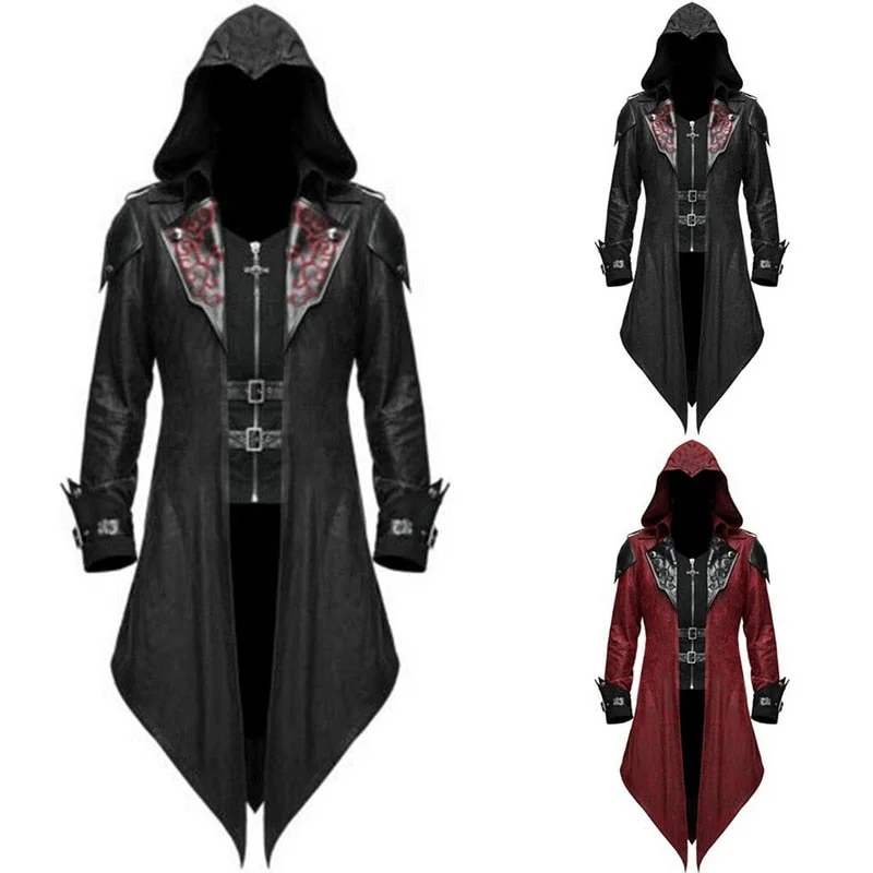 Gothic Style Premium Faux Leather Mens Coat in Black and Red